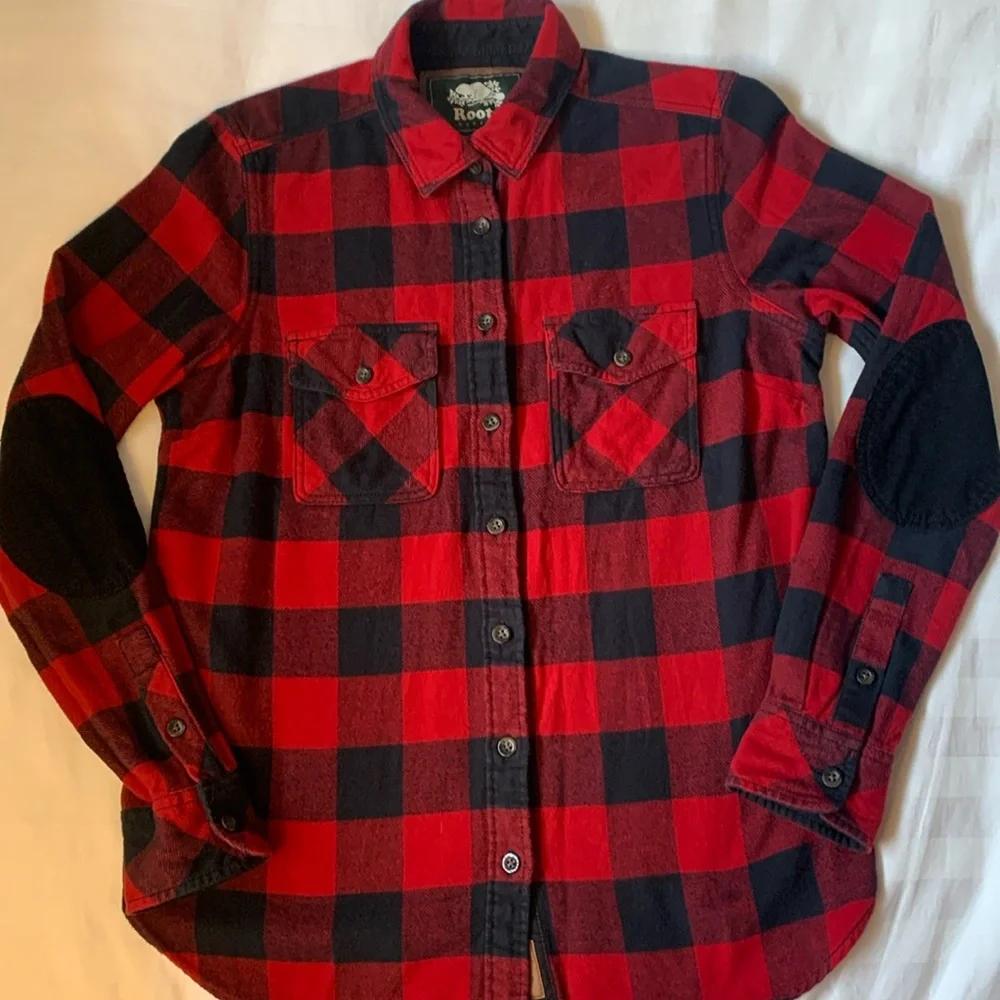 Roots buffalo plaid cotton heavy flannel shirt w elbow patches EUC - Picture 2 of 9